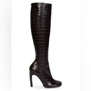 $1250 Dries Van Noten Brown Leather Croc Embossed Knee High Boots